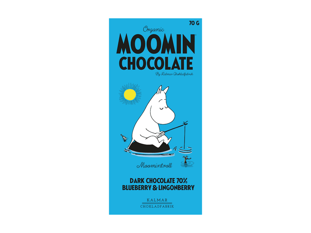 Organic Moomin Chocolate Moomintroll - Mörk choklad 70% med lingon & blåbär